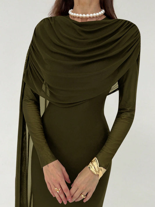 SHEIN Aloruh فستان طويل أنيق بكشكشة بلون أخضر عسكري