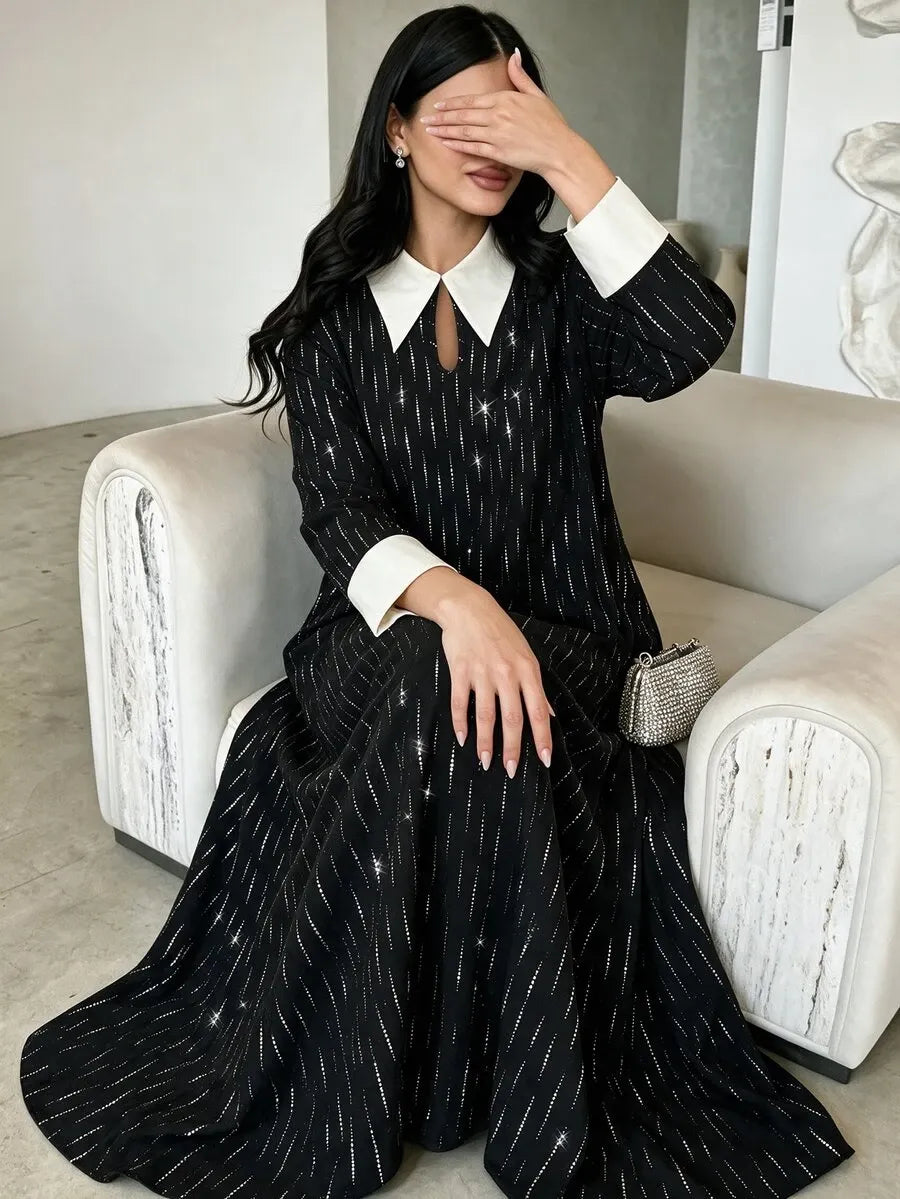 SHEIN Yasveil فستان طويل بياقة شال وفتحة صدر بشكل قطرة وأكمام طويلة بلون أسود