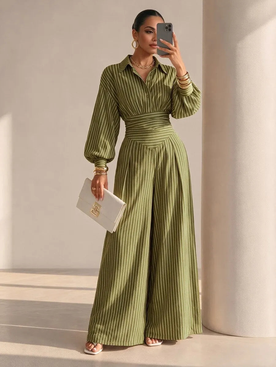 SHEIN Structelle جمبسوت نسائي بياقة قميص وأزرار أمامية وساق واسعة بخصر عالٍ بلون أخضر زيتوني