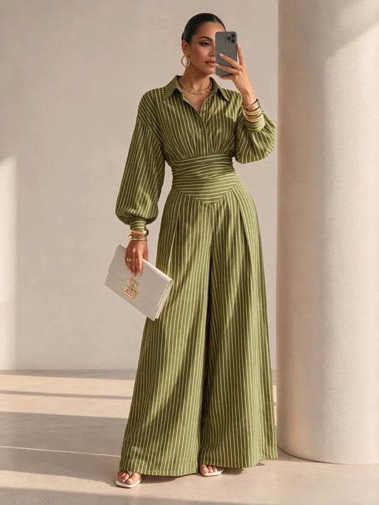 SHEIN Structelle جمبسوت نسائي بياقة قميص وأزرار أمامية وساق واسعة بخصر عالٍ بلون أخضر زيتوني
