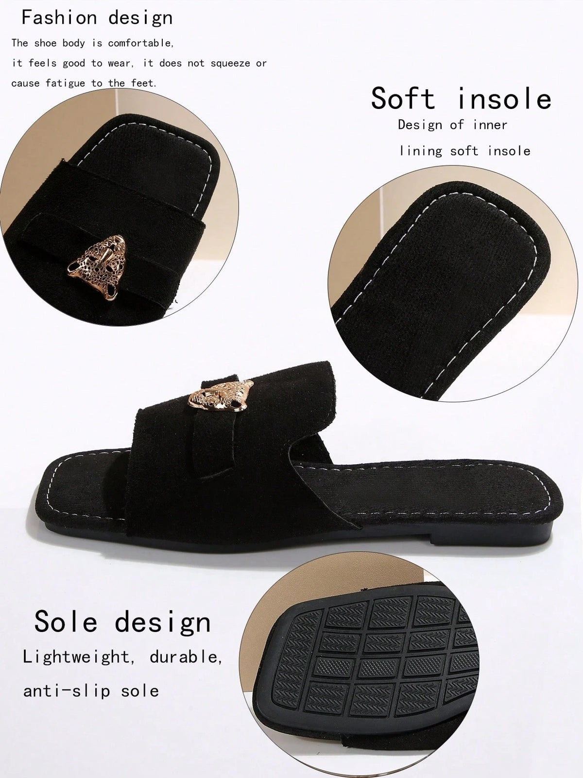 SHEIN صندل نسائي مسطح لون أسود مزين بأكسسوار