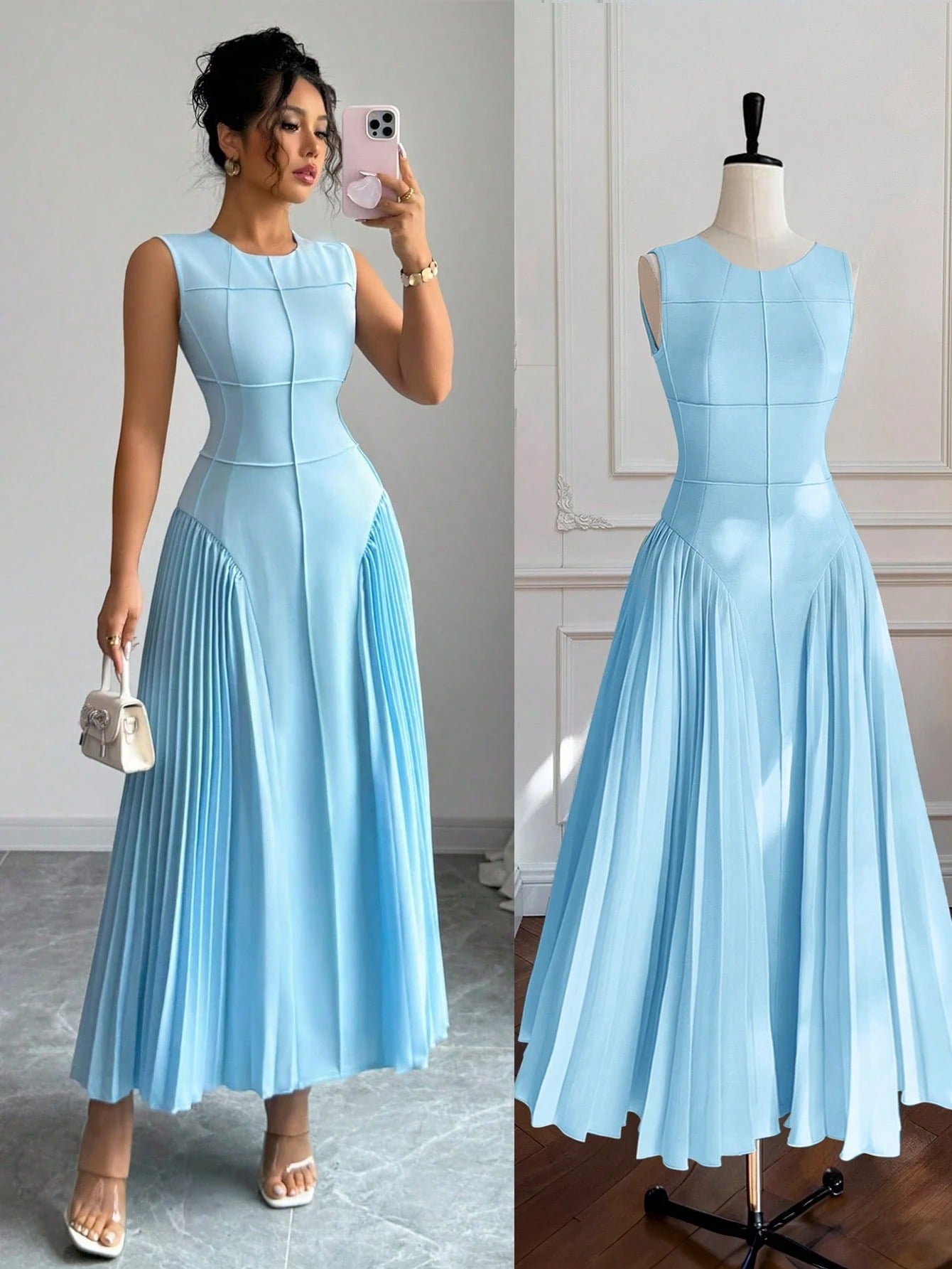 SHEIN Rafferiza فستان ماكسي صوفي أنيق بياقة عالية بدون أكمام