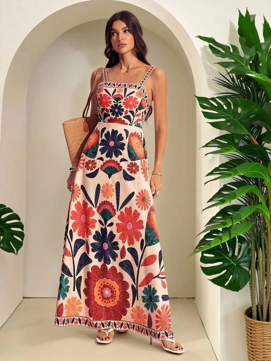 SHEIN Tall فستان نسائي ماكسي بحمالات رفيعة وخصر مجمع ونقشة زهور بلون مشمشي