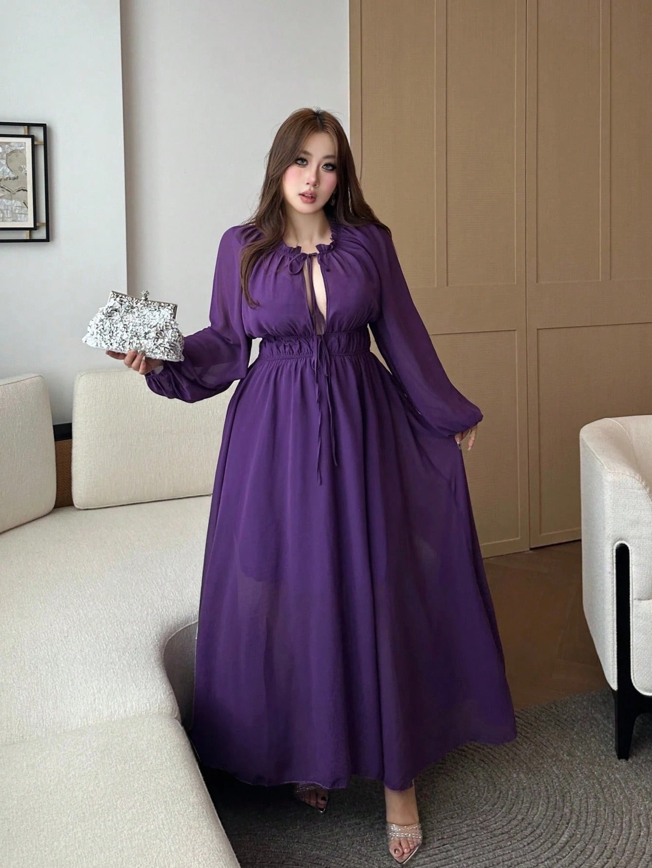 SHEIN Flirla بلوزة شيفون شفافة طويلة الأكمام وياقة V أسلوب كوري