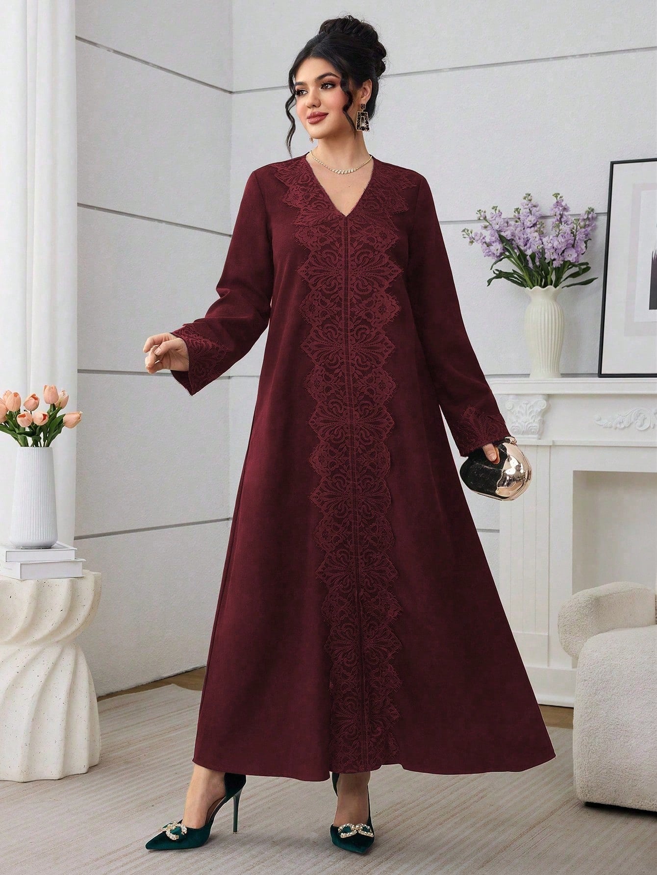 SHEIN Al Najma فستان كاجوال بتطريز دانتيل أخضر زيتوني طراز عربي