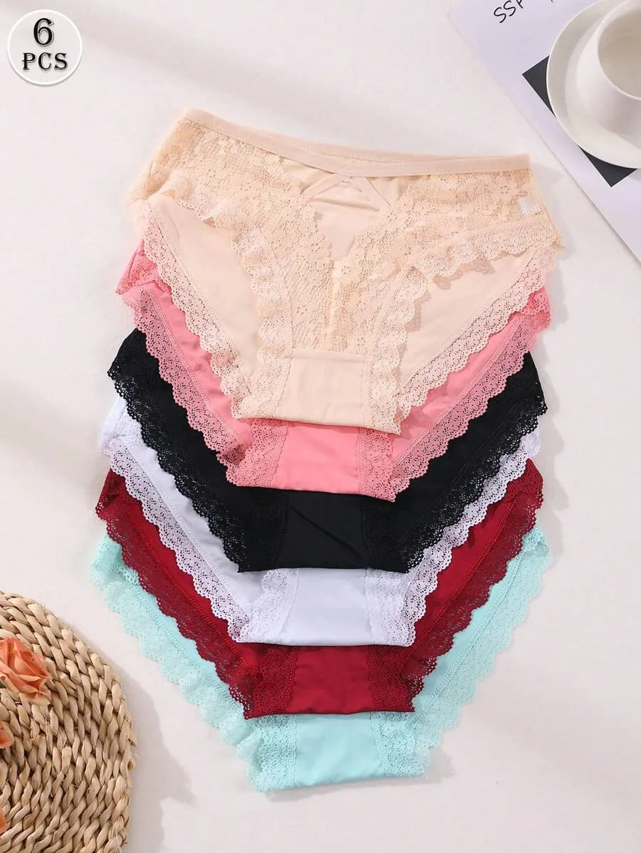 SHEIN سراويل داخلية نسائية من 6 قطع بالدانتيل وخصر منخفض ومتعدد الألوان