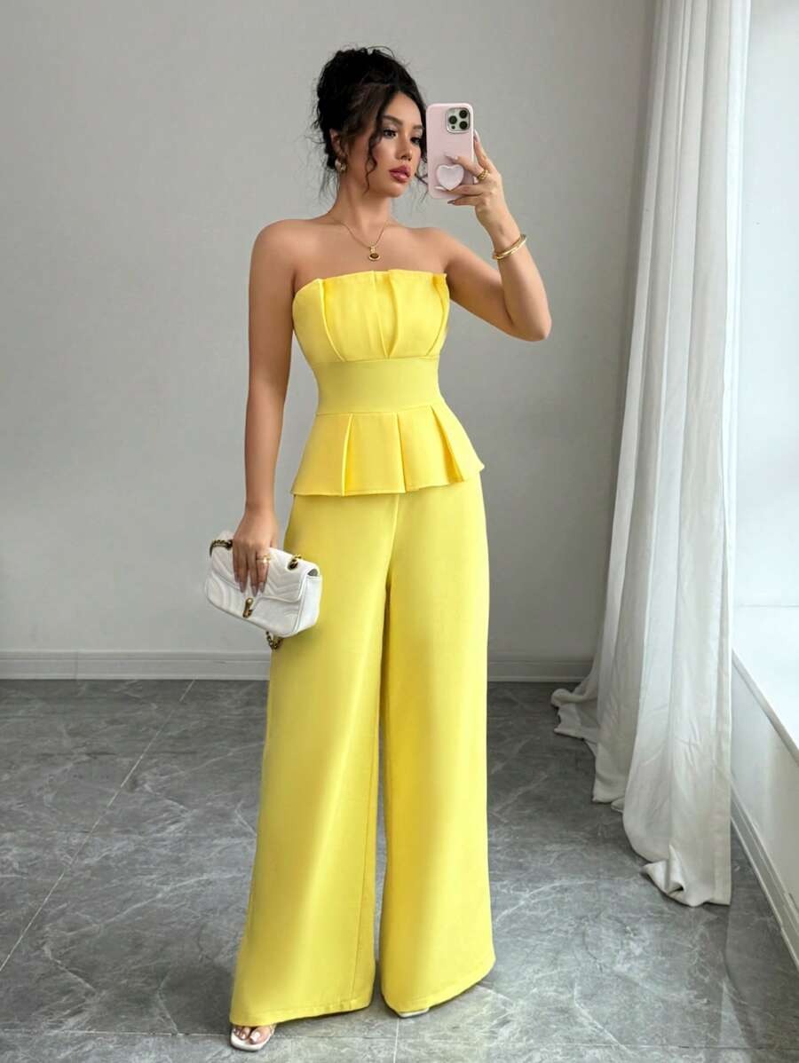 SHEIN Elenzga جمبسوت أنيق بدون أكمام بلون أصفر