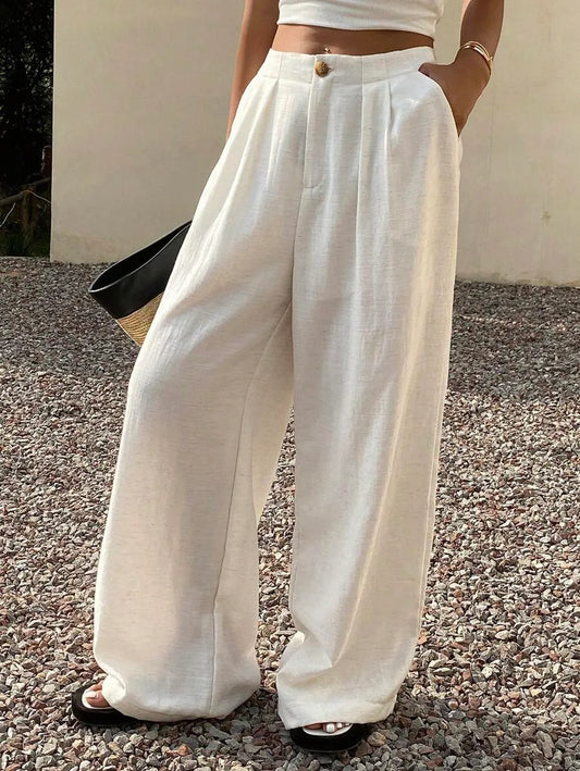 SHEIN DAZY بنطلون بلون أبيض طويل واسع الساق بخصر طبيعي