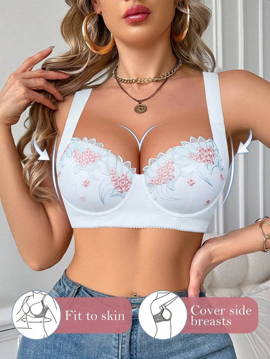 SHEIN حمالة صدر نسائية سلكية مزينة بتطريز نباتي وحشوة بلون أبيض