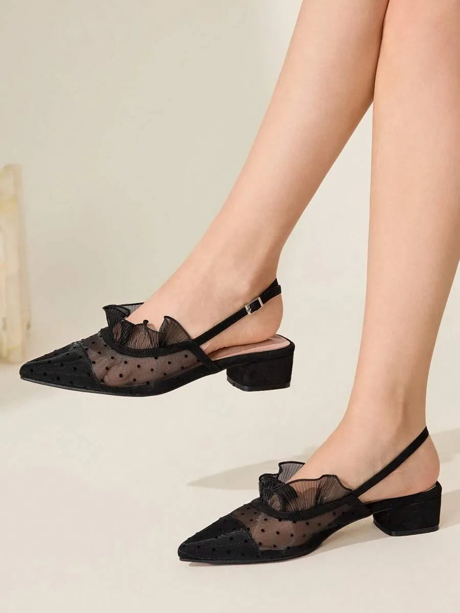 SHEIN CUCCOO CHICEST أحذية باليه نسائية سوداء شبكية بكعب منخفض