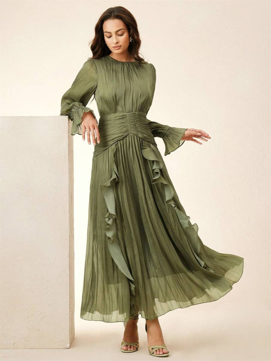 SHEIN Anewsta فستان أخضر زيتوني لامع بكشكش وخصر مجعّد