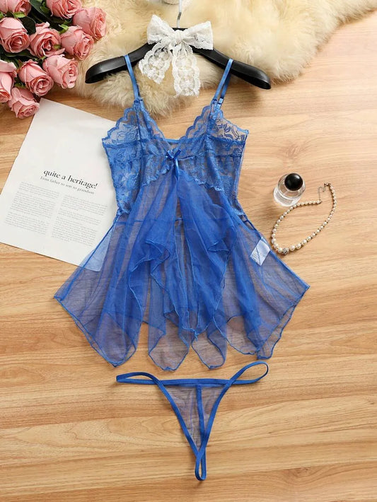 SHEIN طقم لانجري شبك شفاف 2 قطعة بحمالات قابلة للتعديل بلون أزرق غامق