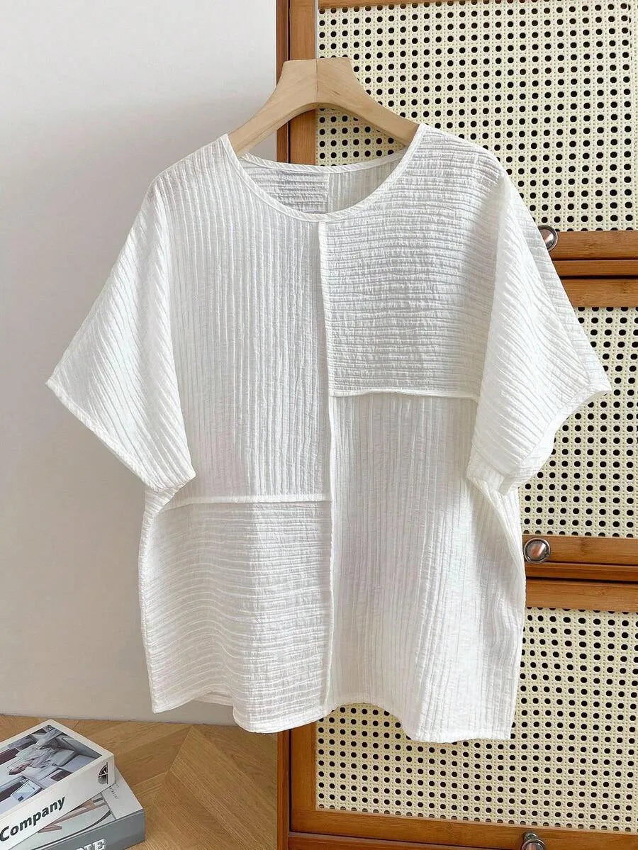 SHEIN INAWLY بلوزة صيفية واسعة بياقة دائرية وقماش مجعد