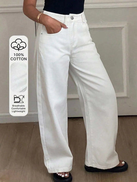 SHEIN Livesso بنطلون جينز فضفاض بخصر طبيعي بلون أبيض