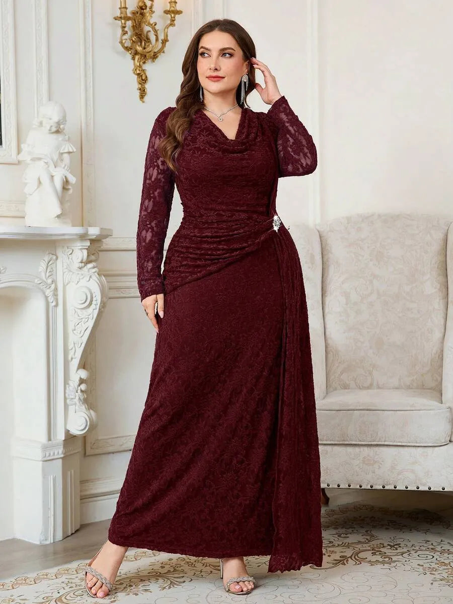 SHEIN Reflora فستان دانتيل طويل بياقة دائرية ورباط خلفي وكسرات بلون الأحمر