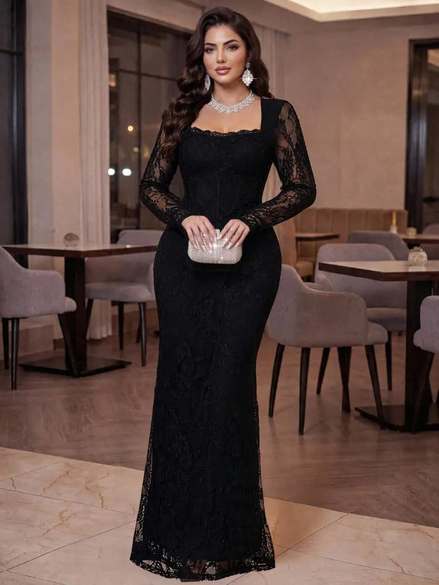 SHEIN Auveirra فستان دانتيل ماكسي بياقة مربعة وأكمام طويلة بقصة حورية البحر بلون الأسود