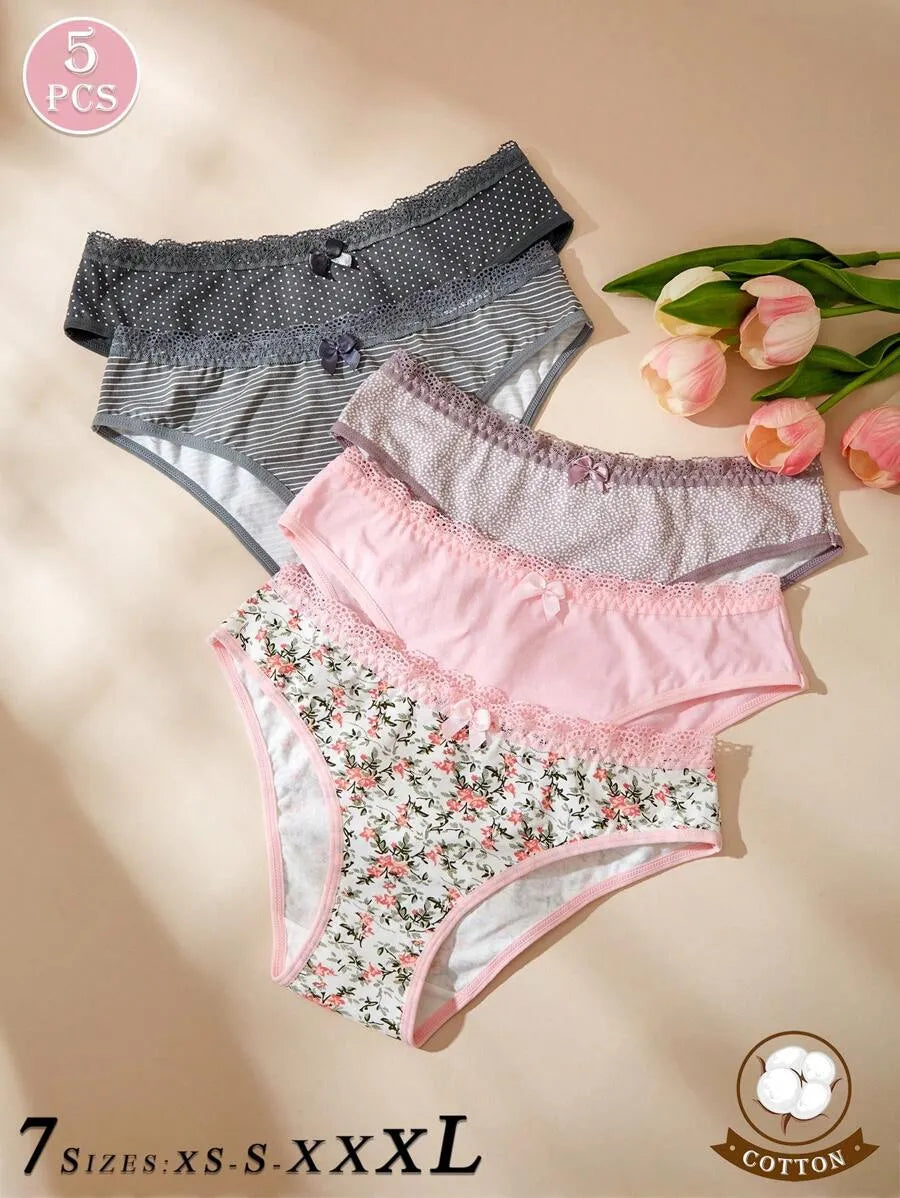 SHEIN سراويل داخلية نسائية من 5 قطع ودانتيل وفيونكة ومتعدد الألوان