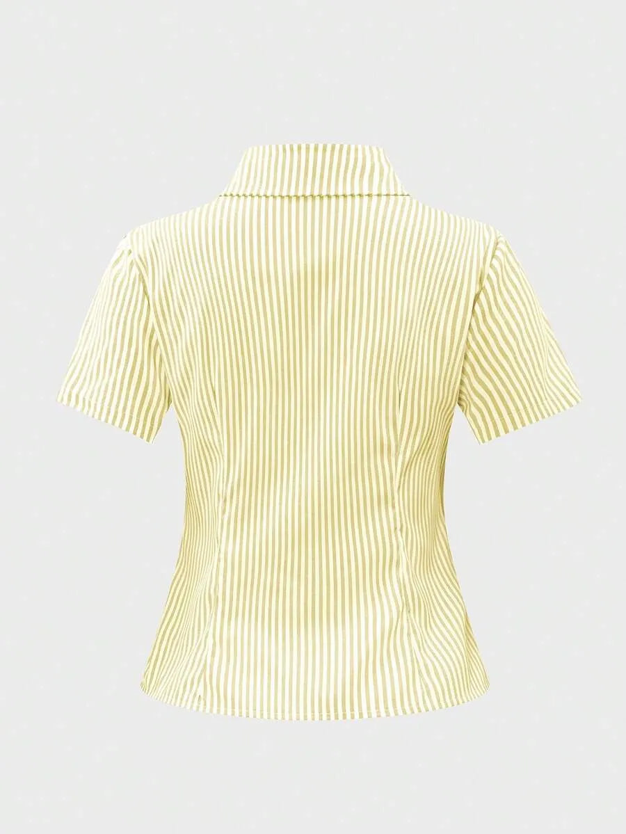 SHEIN قميص أنيق بأكمام قصيرة بنمط فرنسي ضيق بخطوط صفراء وبيضاء للسيدات