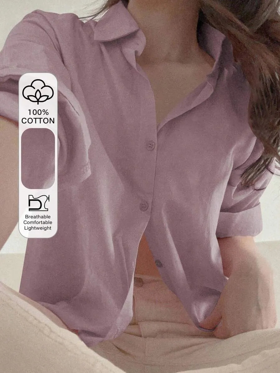 SHEIN DAZY قميص نسائي فضفاض بأزرار أمامية وأكتاف منخفضة بلون أرجواني