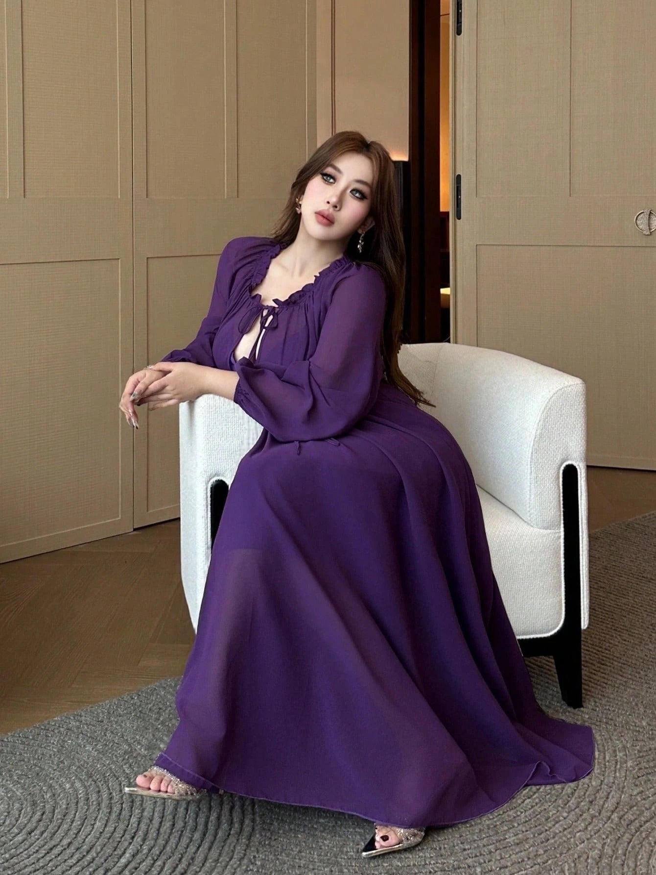 SHEIN Flirla بلوزة شيفون شفافة طويلة الأكمام وياقة V أسلوب كوري
