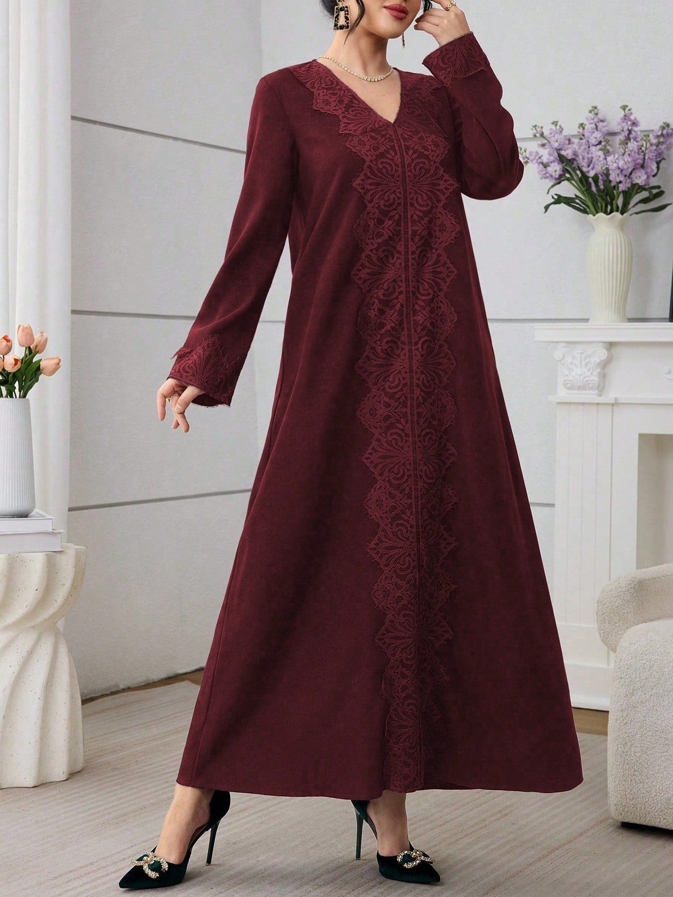 SHEIN Al Najma فستان كاجوال بتطريز دانتيل أخضر زيتوني طراز عربي