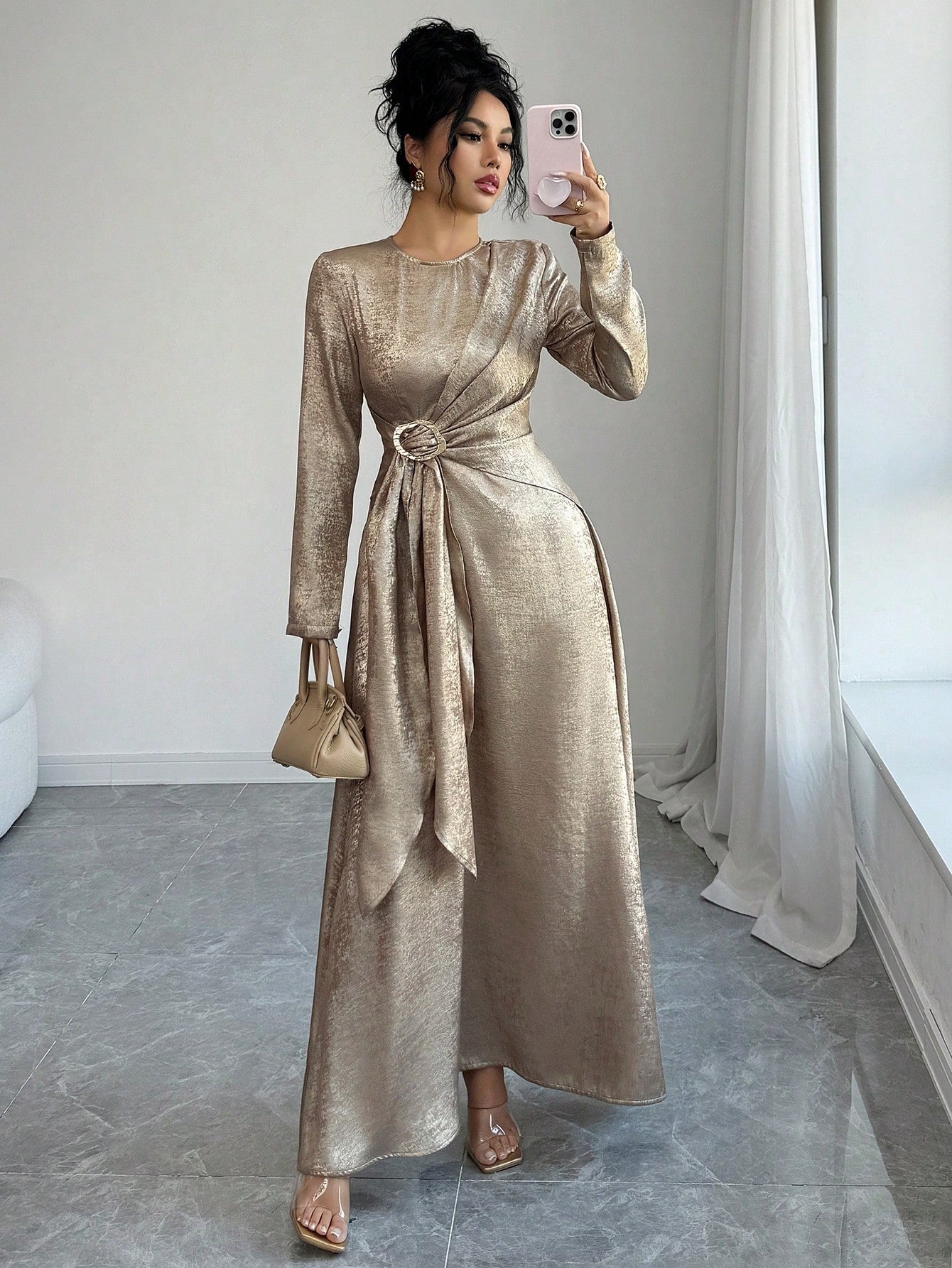 SHEIN Elenzga فستان ماكسي لامع بياقة مستديرة وربطة خصر متقاطعة
