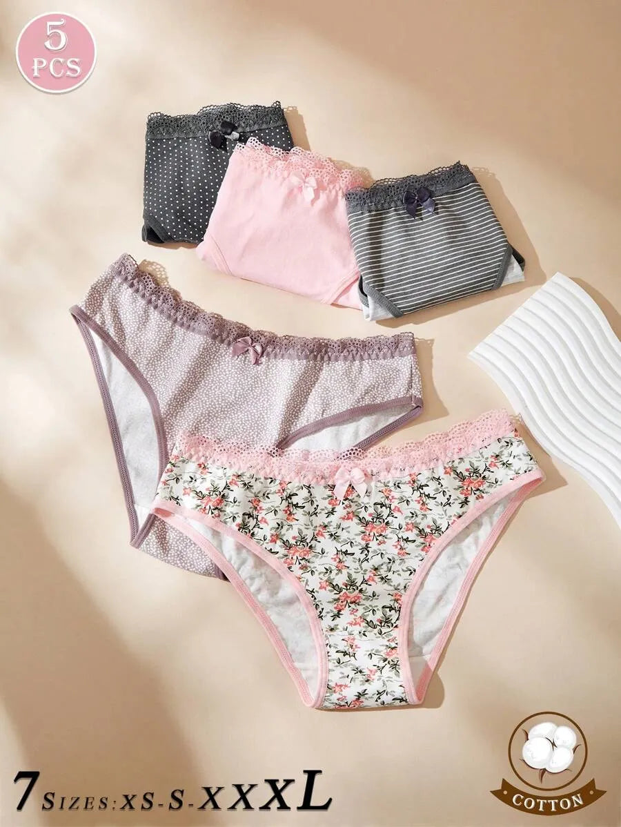 SHEIN سراويل داخلية نسائية من 5 قطع ودانتيل وفيونكة ومتعدد الألوان