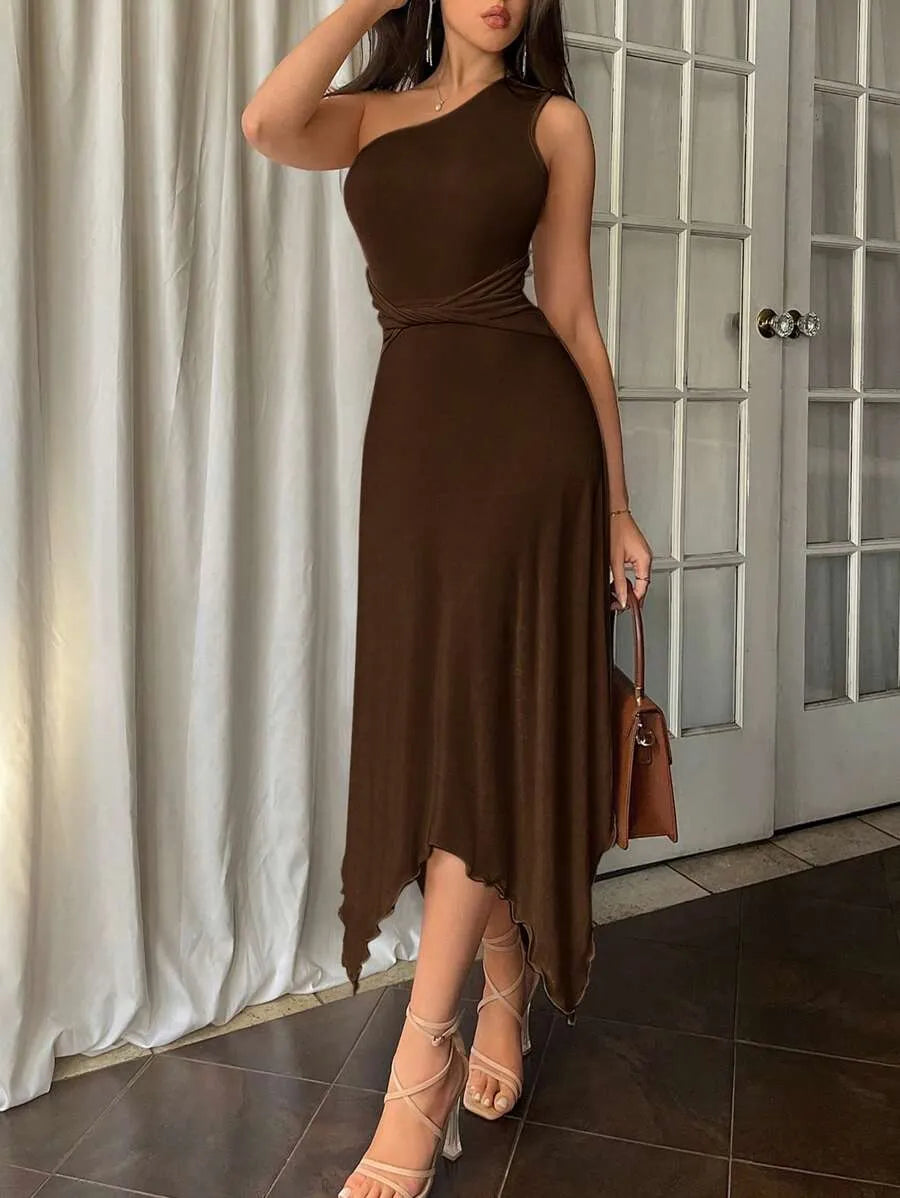 SHEIN Firerie فستان نسائي أنيق كوفي أحادي الكتف مع عقدة مفصلة وحافة غير متماثلة