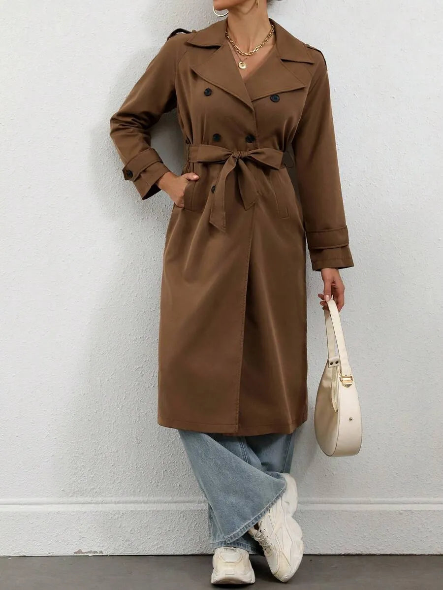 SHEIN Flirla معطف ترنش نسائي أنيق مزدوج الأزرار بلون موحد