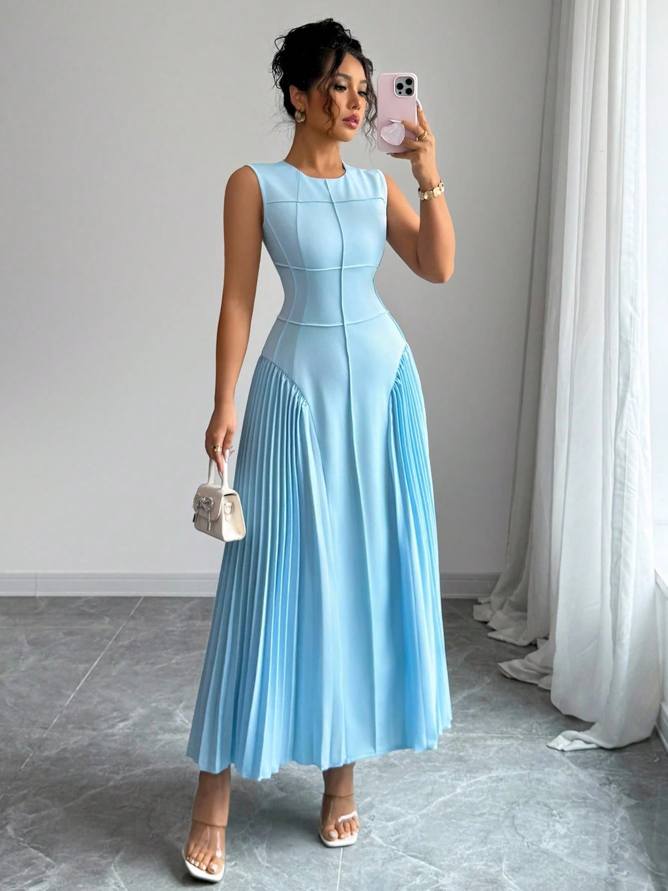 SHEIN Rafferiza فستان ماكسي صوفي أنيق بياقة عالية بدون أكمام