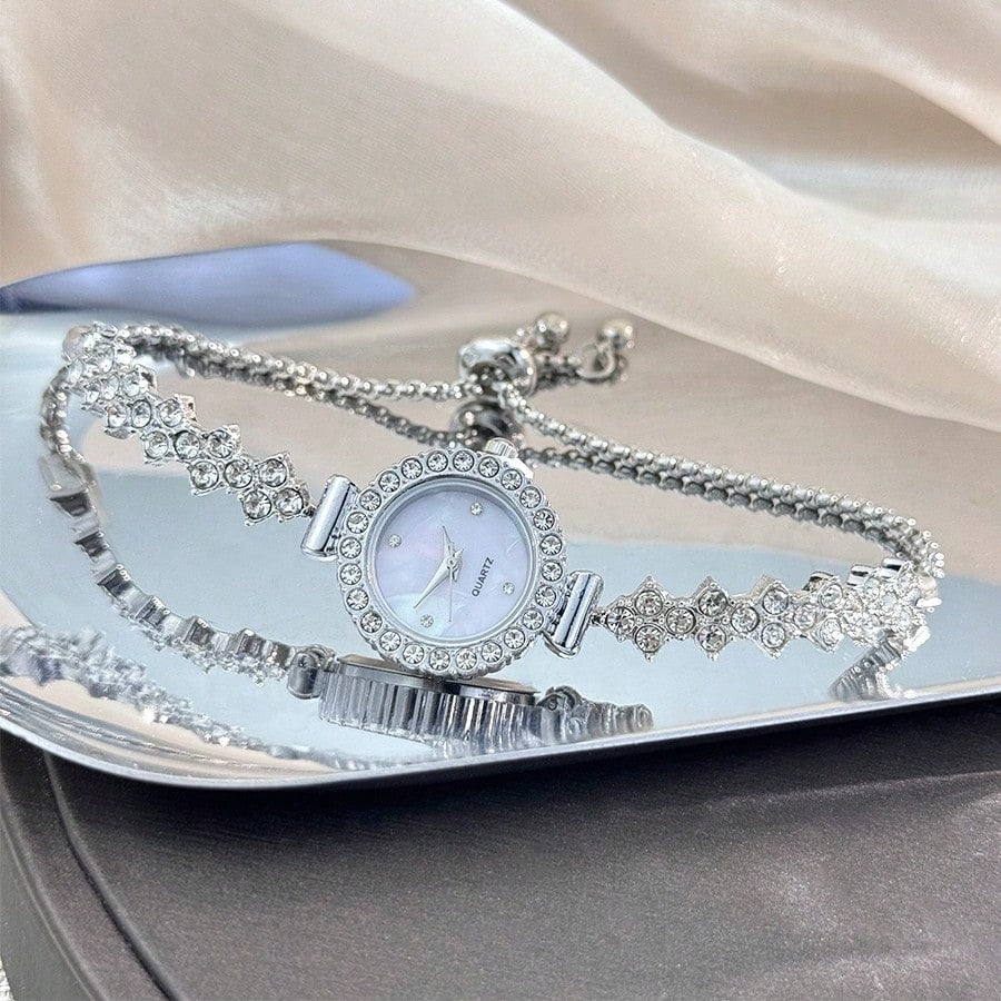 SHEIN ساعة نسائية كوارتز دائرية بسوار فاخر مرصع بالراينستون