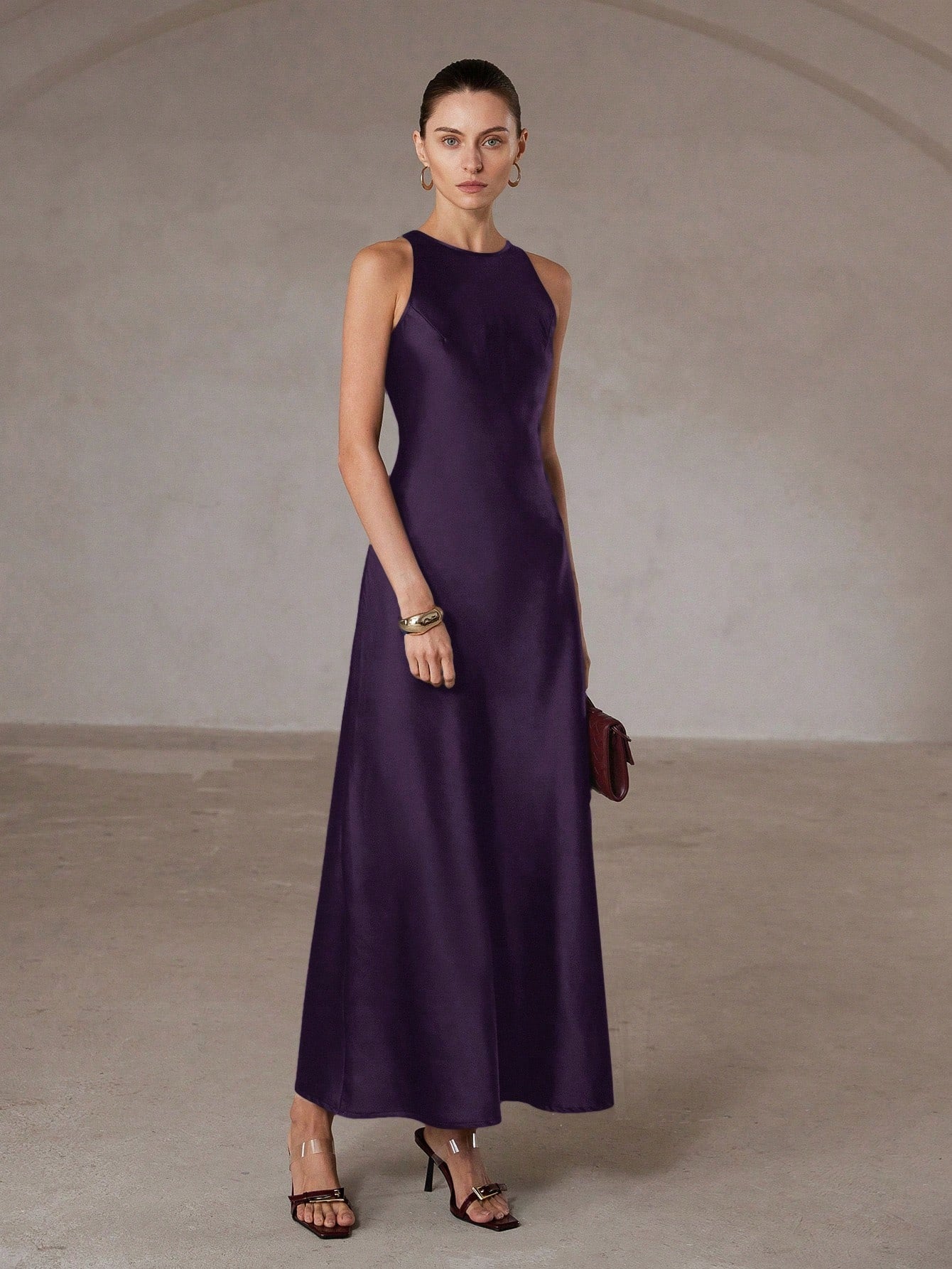 SHEIN Aveloria Modichic فستان ساتان غير متماثل بدون أكمام