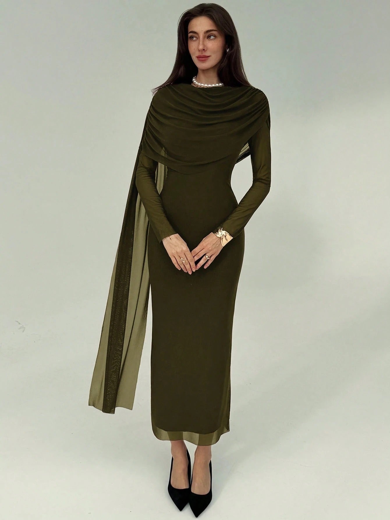 SHEIN Aloruh فستان طويل خريفي أنيق بكشكشة وربطة