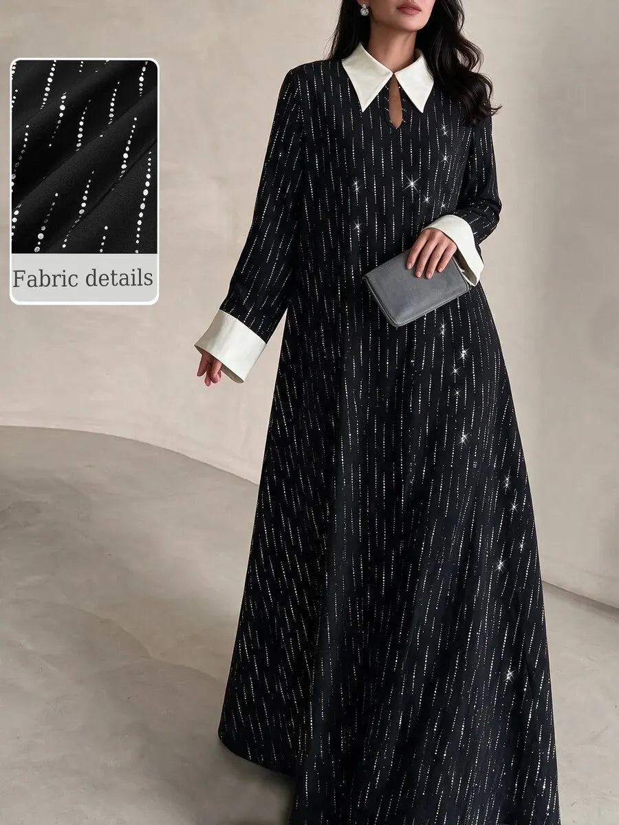 SHEIN Yasveil فستان طويل بياقة شال وفتحة صدر بشكل قطرة وأكمام طويلة بلون أسود