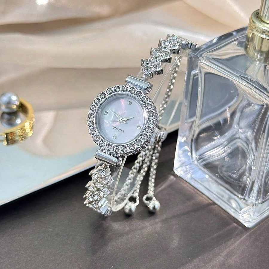 SHEIN ساعة نسائية كوارتز دائرية بسوار فاخر مرصع بالراينستون