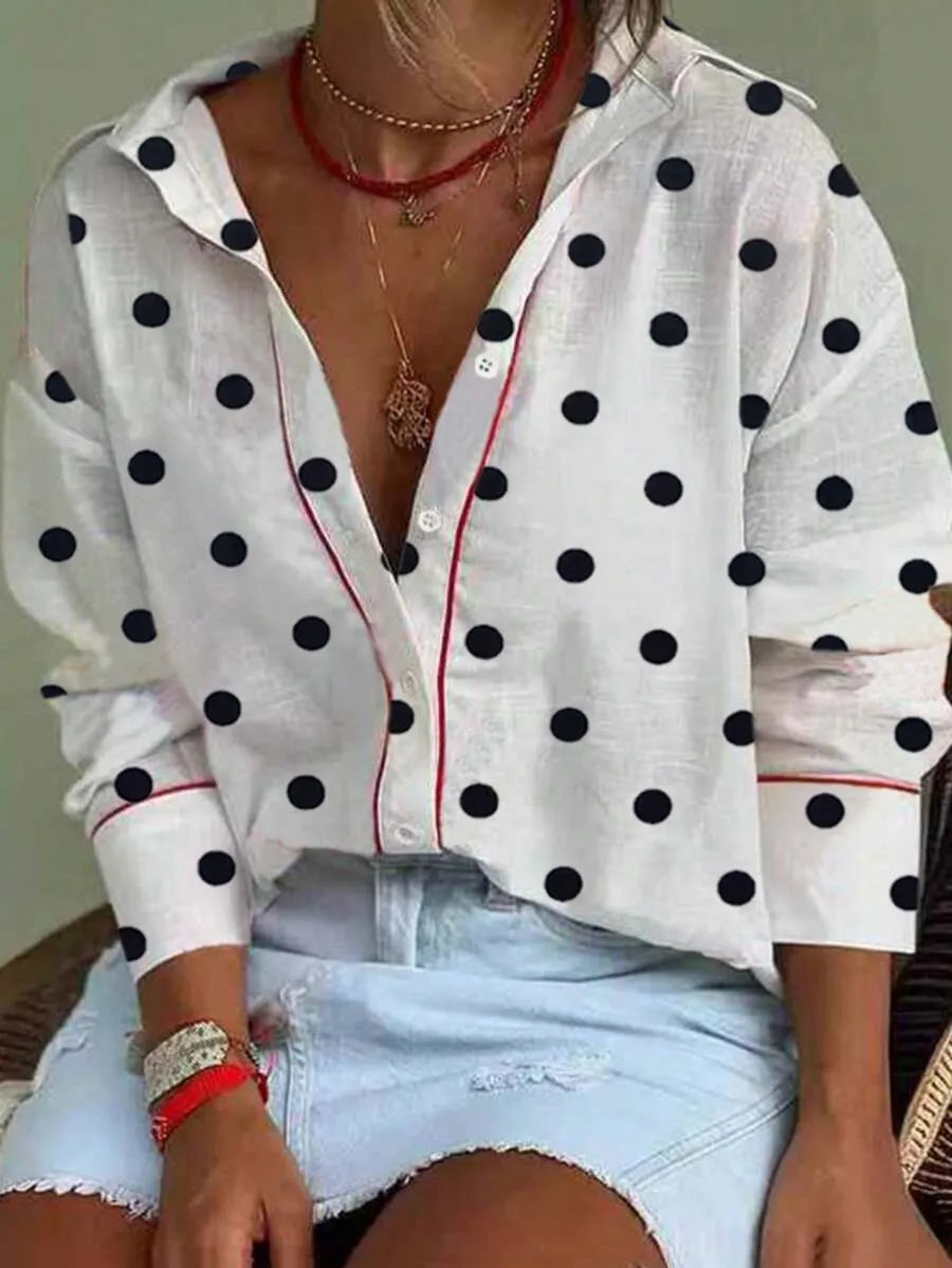 SHEIN قميص نسائي طويل الأكمام بنقشة نقاط وحواف متباينة متعدد الألوان