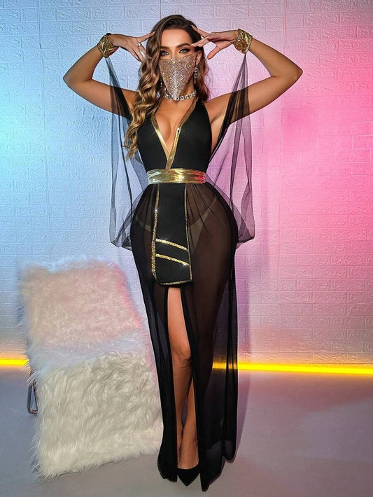 SHEIN طقم لانجري فستان طويل مع حزام 2 قطع بلون أسود