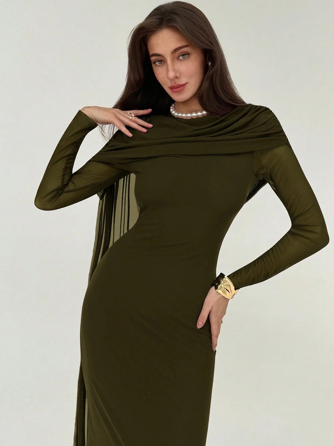 SHEIN Aloruh فستان طويل خريفي أنيق بكشكشة وربطة