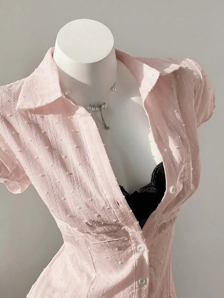 SHEIN Flirla بلوزة مطرزة بنقشة جاكارد بأكمام قصيرة وتضيق الخصر