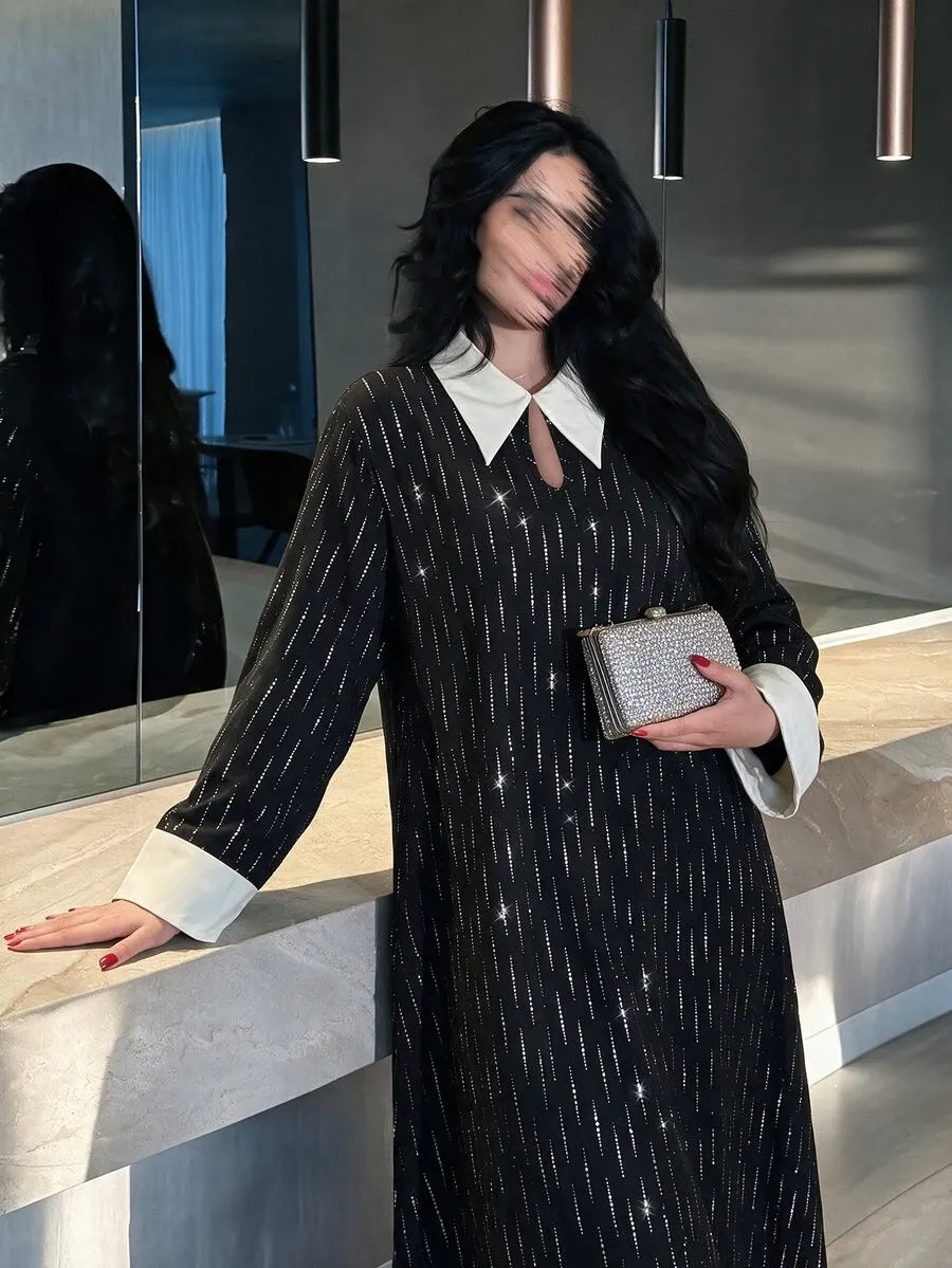 SHEIN Yasveil فستان طويل بياقة شال وفتحة صدر بشكل قطرة وأكمام طويلة بلون أسود