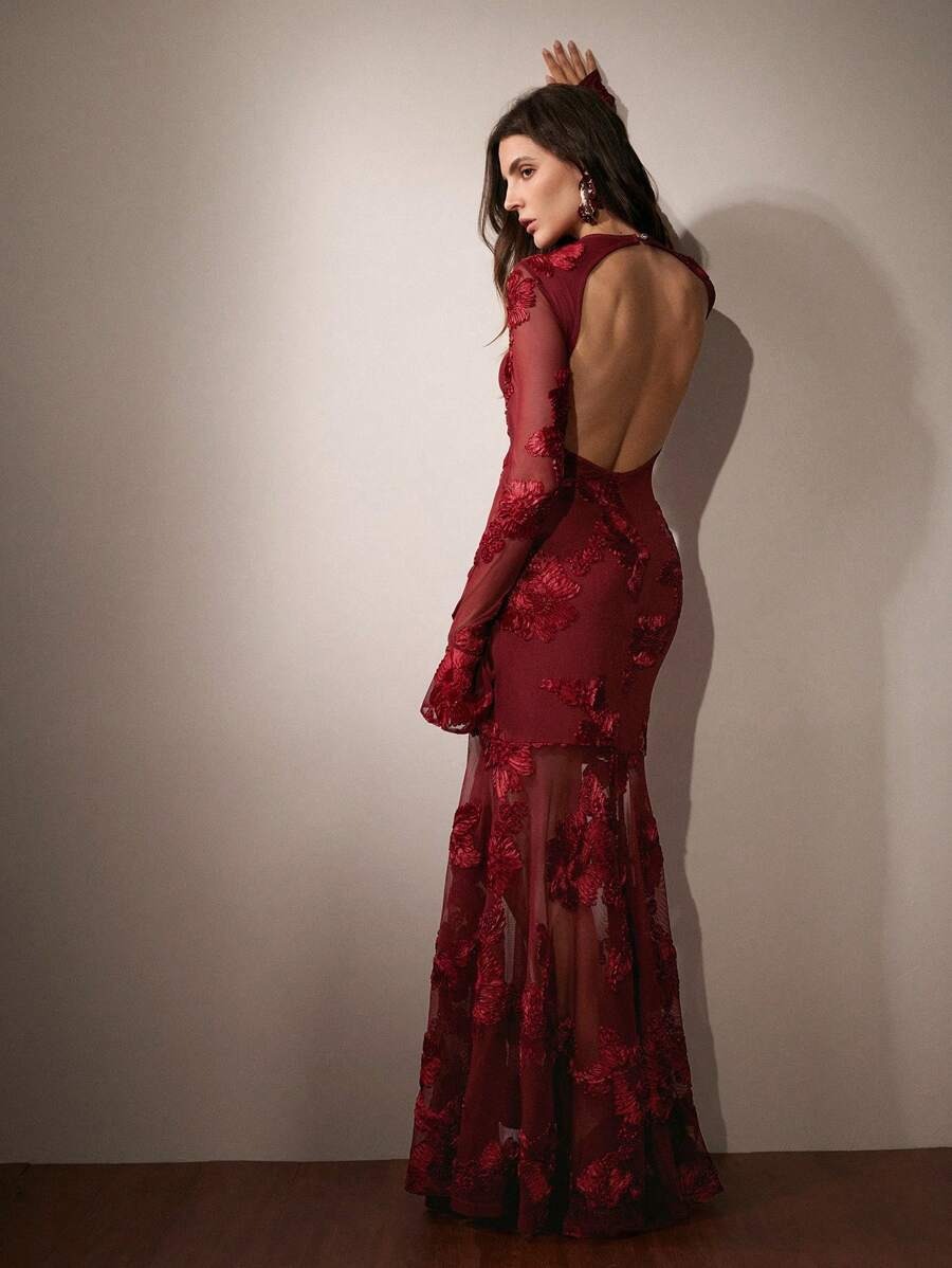 SHEIN Anewsta فستان ماكسي أحمر بتطريز زهري