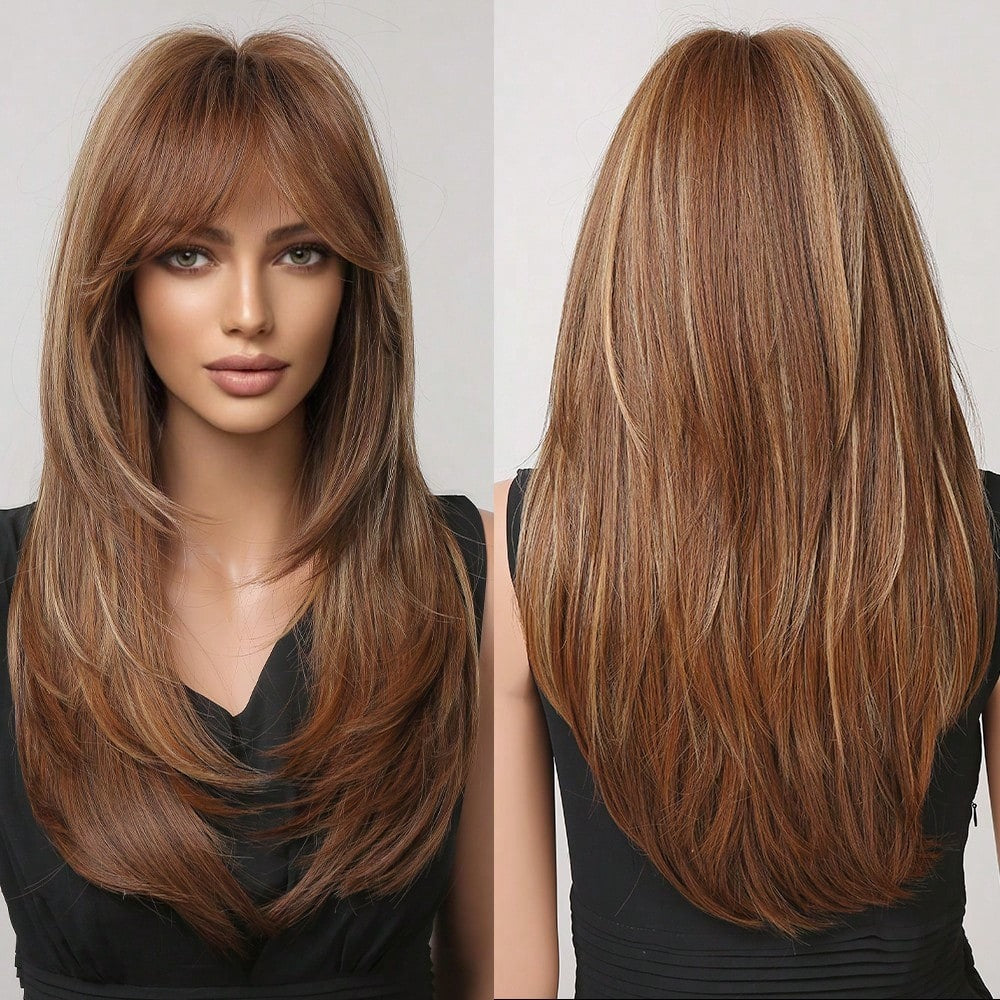 SHEIN باروكة شعر مستقيم بطول 24 بوصة بلون بني مظلل مع غرة