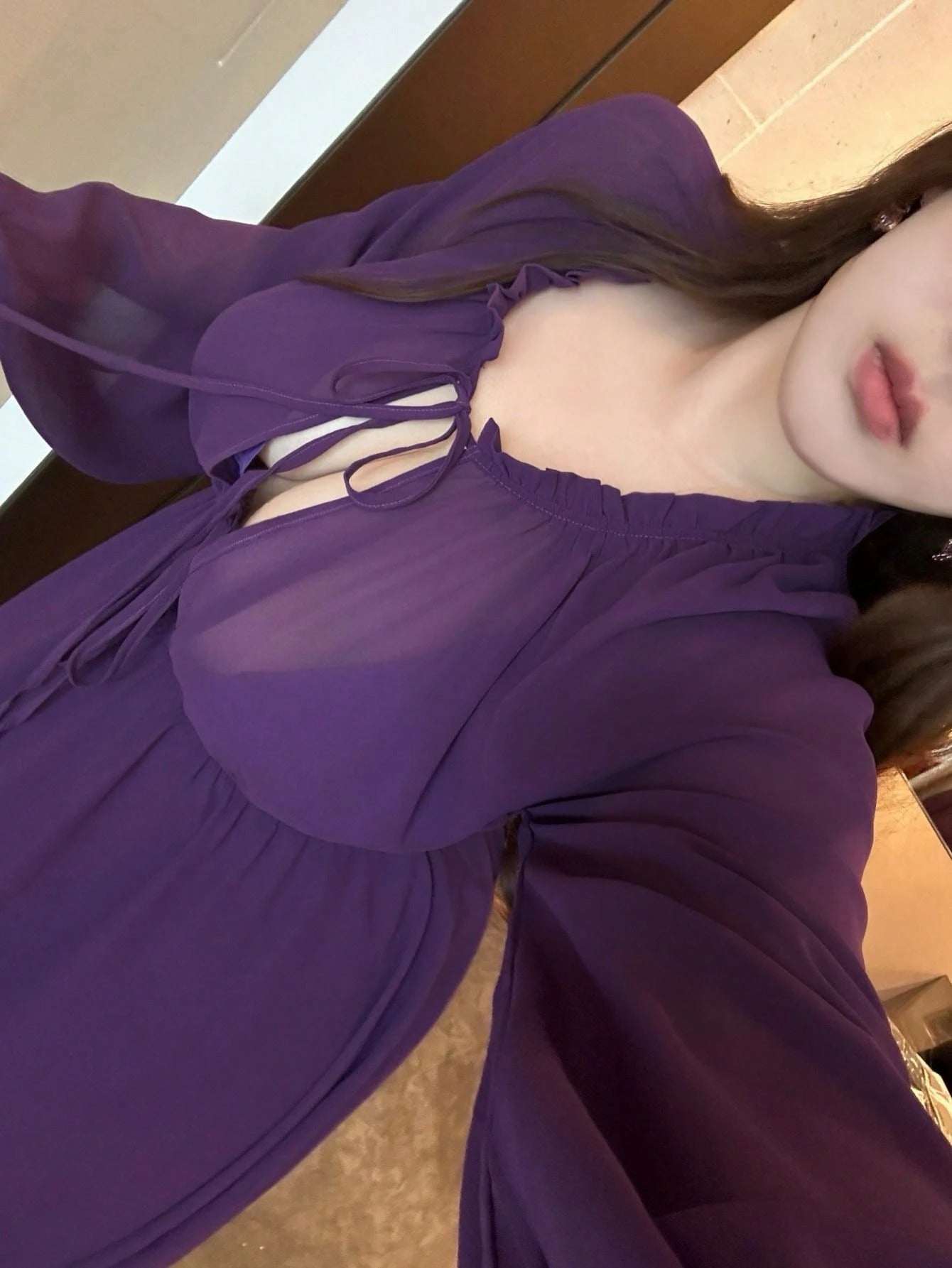 SHEIN Flirla بلوزة شيفون شفافة طويلة الأكمام وياقة V أسلوب كوري