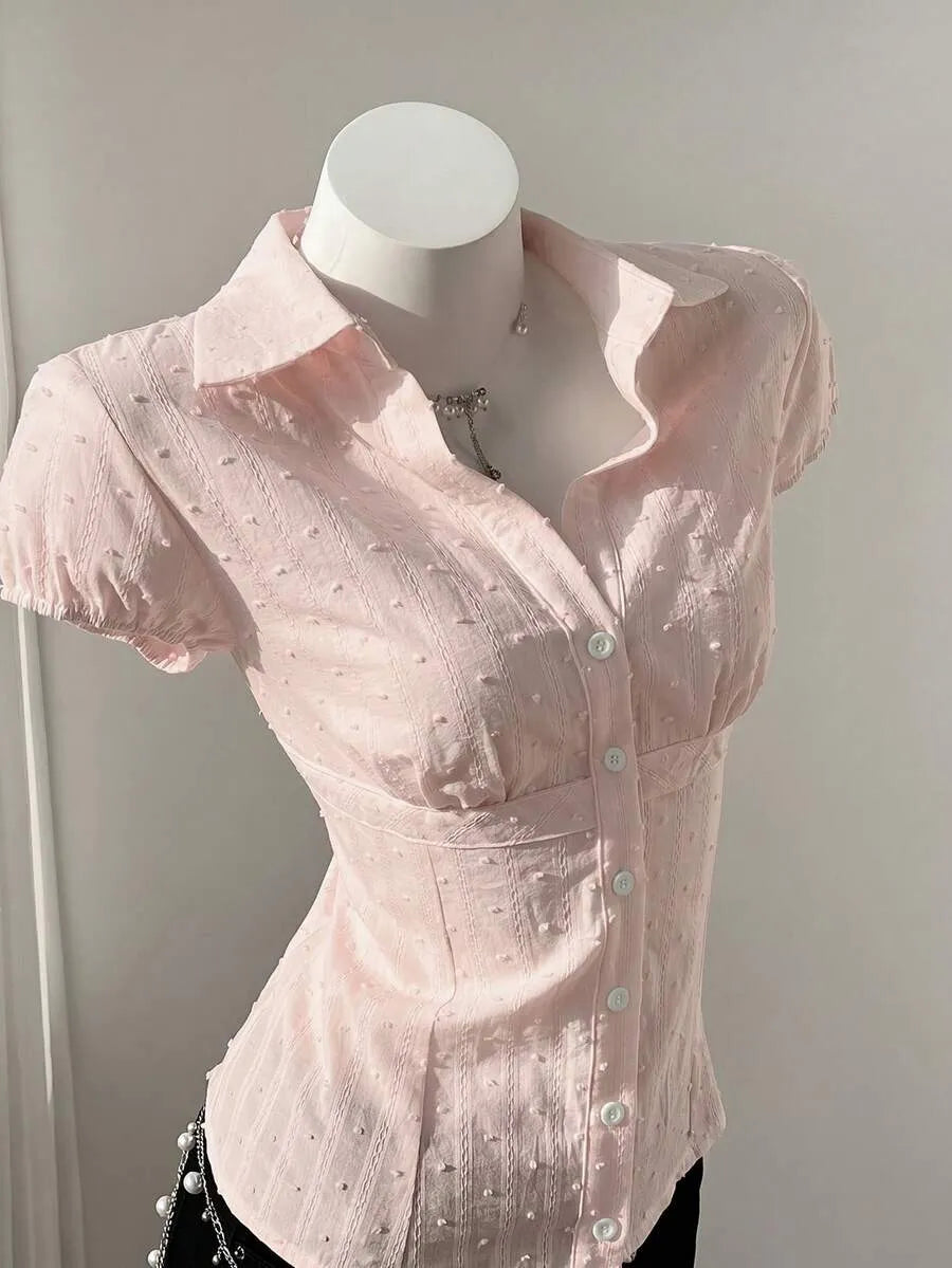 SHEIN Flirla بلوزة مطرزة بنقشة جاكارد بأكمام قصيرة وتضيق الخصر