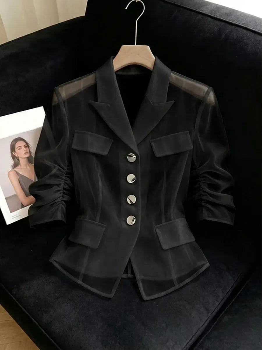 SHEIN GlowEve جاكيت خفيف شفاف بياقة مدببة وأزرار أمامية