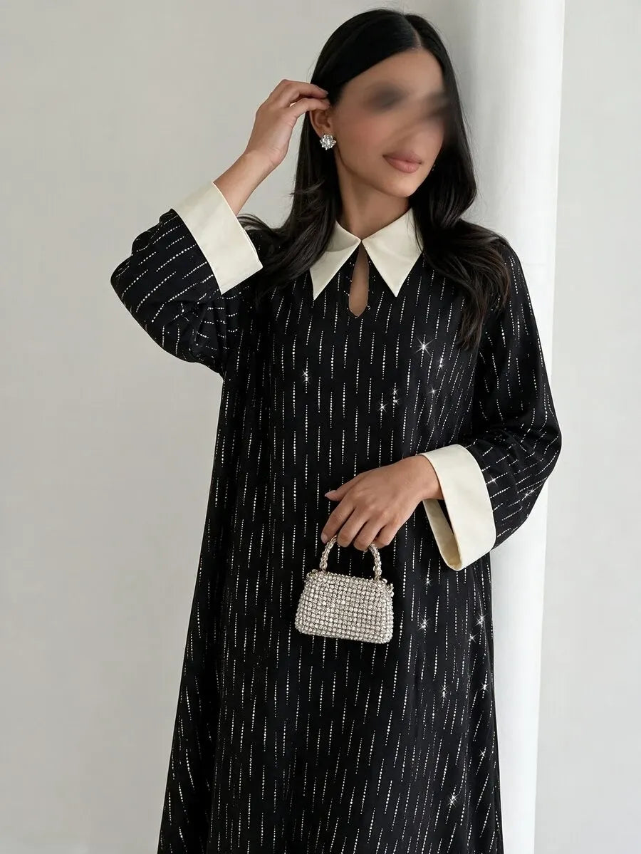 SHEIN Yasveil فستان طويل بياقة شال وفتحة صدر بشكل قطرة وأكمام طويلة بلون أسود