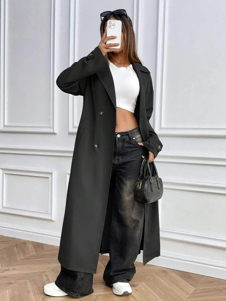 SHEIN معطف ميدي فضفاض مزدوج الصدر بياقة كلاسيكية وجيوب بلون أسود