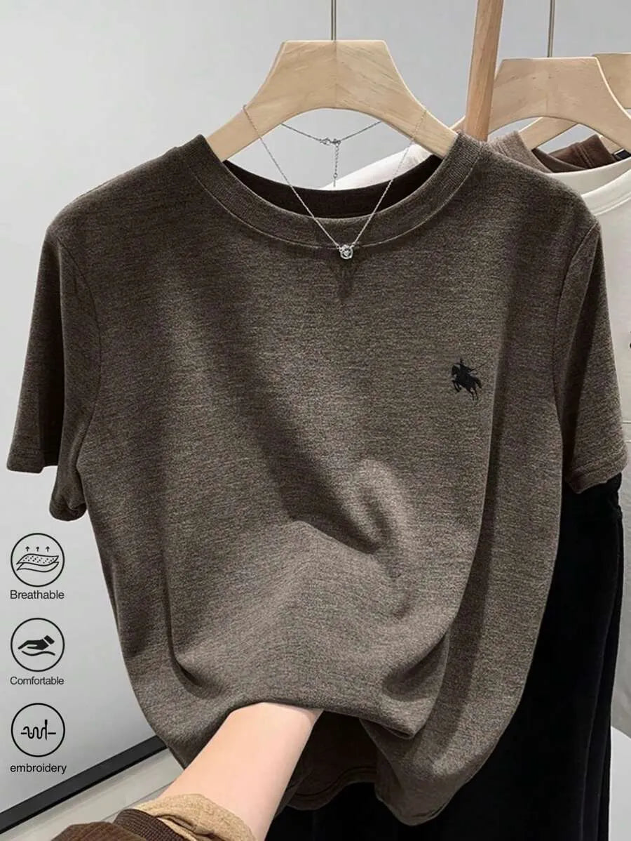 SHEIN Resyla تي شيرت نسائي بأكمام قصيرة مطرز بنقشة حيوانات بلون بني