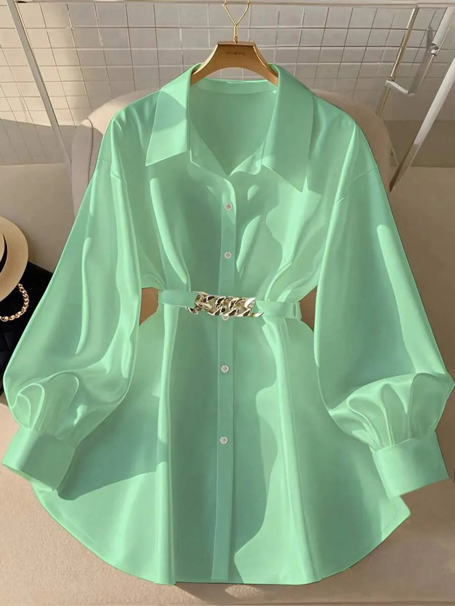 SHEIN GlowEve قميص نسائي فضفاض طويل بأزرار وجيوب وخصر محدد بلون أخضر