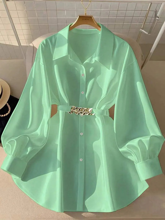 SHEIN GlowEve قميص نسائي فضفاض طويل بأزرار وجيوب وخصر محدد بلون أخضر
